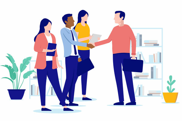 BEM – schrittweise Rückkehr in den Job | © Shutterstock Bunte Illustration mit drei Personen, die einen Mann mit Handschlag begrüßen.