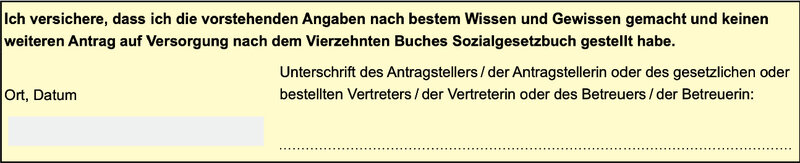 Abschnitt sonstige Angaben im Antrag auf Soziale Entschädigung: Angaben nach bestem Wissen und Gewissen