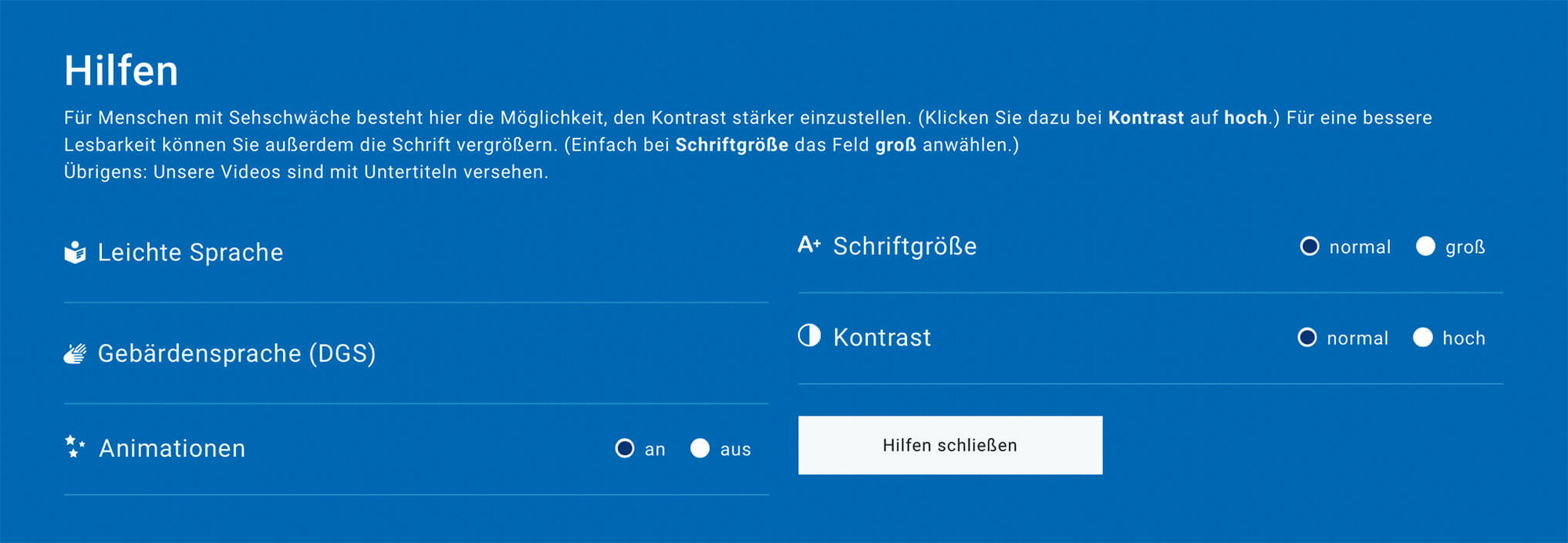 Screenshot der Hilfen für leichte Sprache auf bih.de