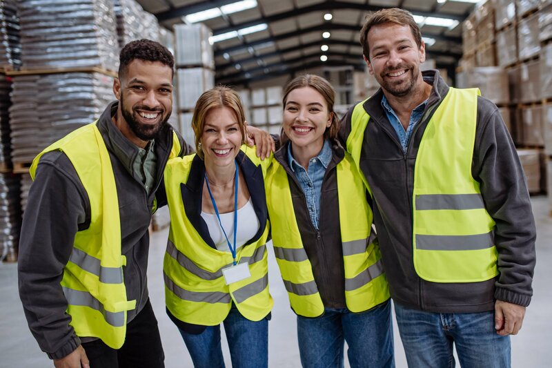 In einer großen Lagerhalle stehen vier Personen mit gelben Schutzwesten Arm in Arm. Es sind zwei Männer und zwei Frauen. Sie lächeln strahlend.