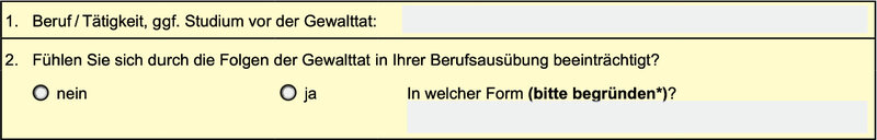 Abschnitt Angaben zur beruflichen Situation im Antrag auf Soziale Entschädigung