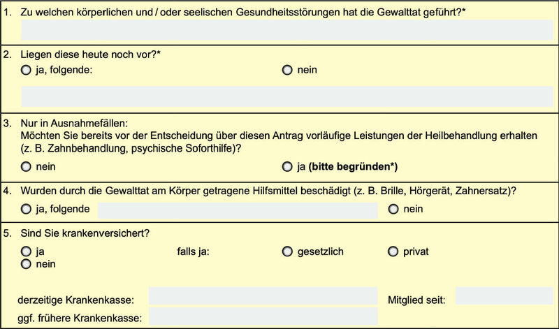 Bereich Gesundheitsstörungen beziehungsweise Schädigungen im Antrag auf Soziale Entschädigung