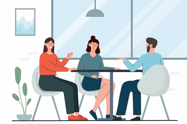 Betriebliche Prävention | © Shutterstock Bunte Illustration mit drei Personen an einem Besprechungstisch.