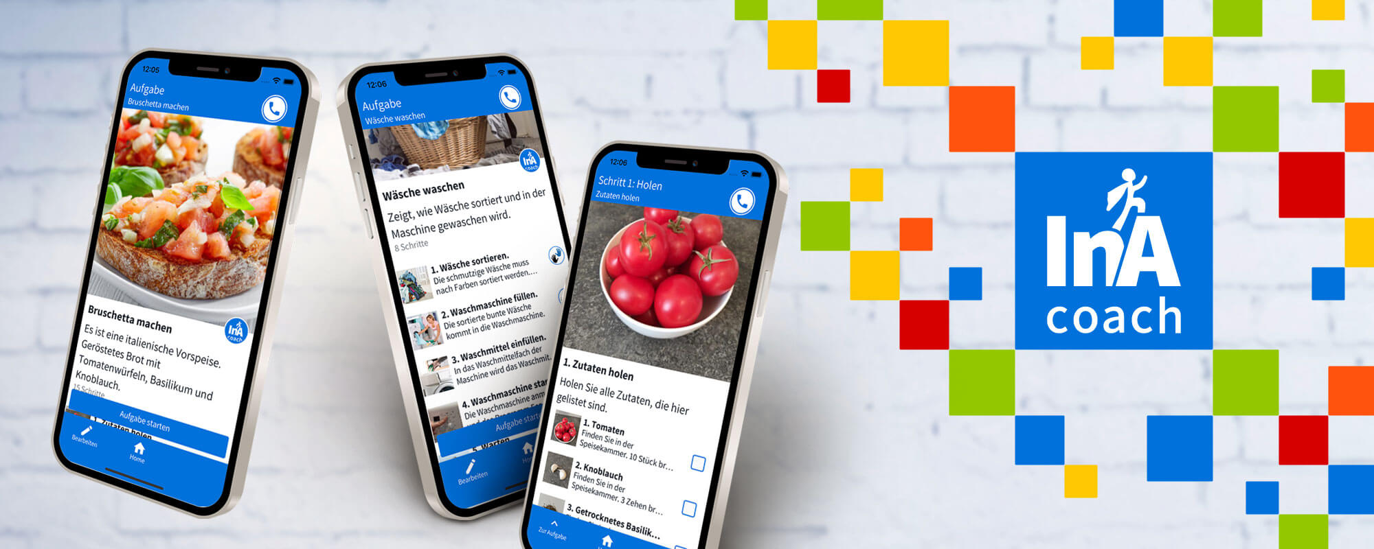 Digitale Jobassistenz per InA.Coach-App | © BOS Connect GmbH; © pexels / Colour Creation Die Fotomontage zeigt drei Smartphones mit verschiedenen Ausschnitte aus der digitalen Job-Assistenz sowie das Logo neuen InA.Coach-App.