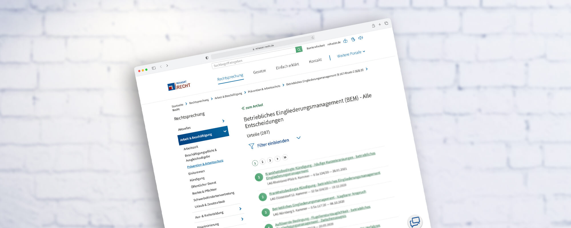 Ein Screenshot der Webseite REHADAT Recht zum Betriebliches Eingliederungsmanagement (BEM) - Alle Entscheidungen.