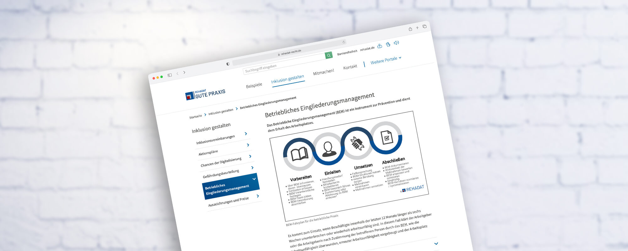 Ein Screenshot der Webseite REHADAT Recht zum Betriebliches Eingliederungsmanagement (BEM) - Gute Praxis
