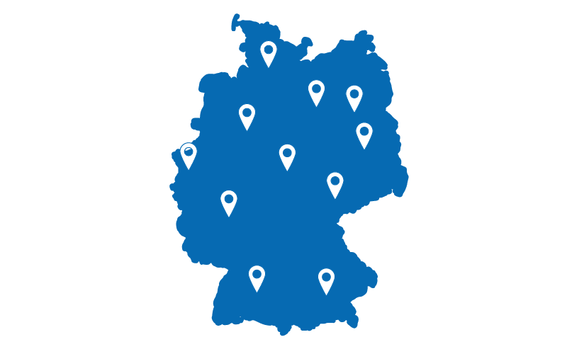 Auf einer blauen Fläche in der Form Deutschlands sind flächendeckend kleine weiße Standortsymbole verteilt.
