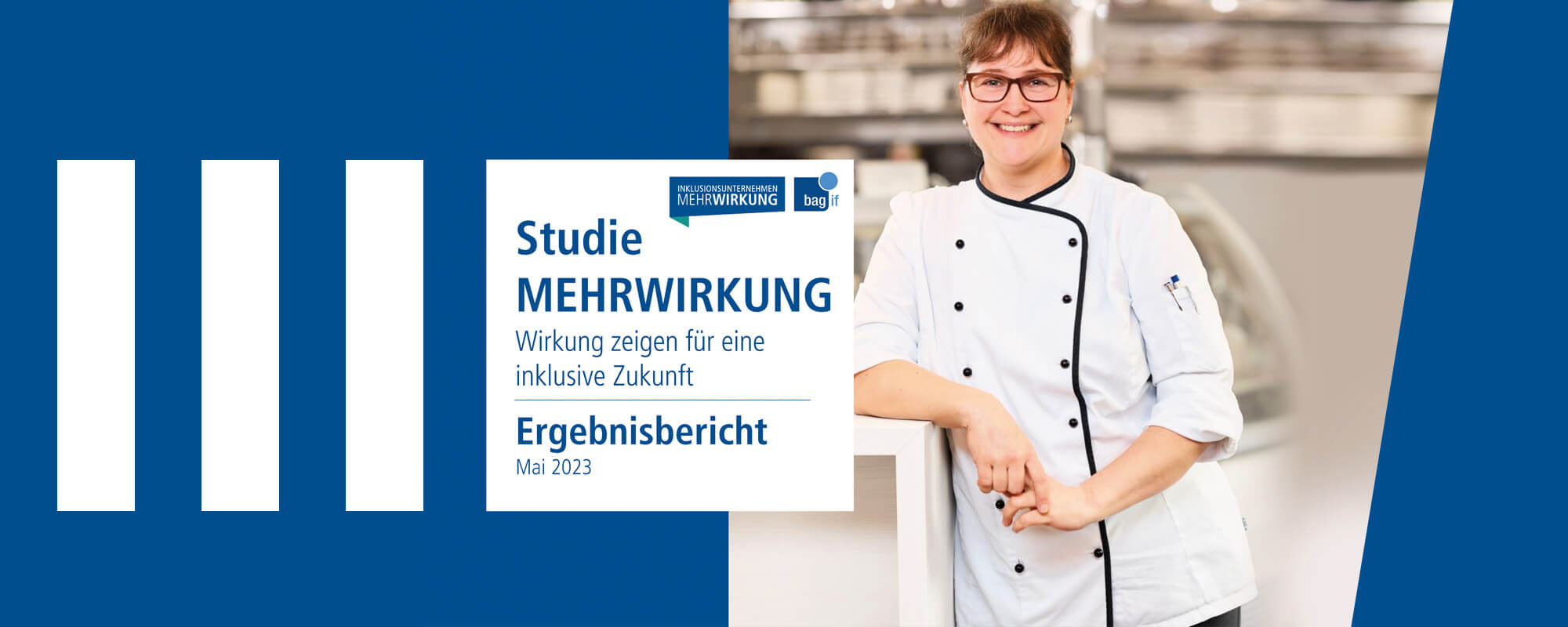 Das Foto zeigt einen Ausschnitt aus dem Titelbild der „Studie MEHRWIRKUNG. Wirkung zeigen für eine inklusive Zukunft“ auf einem blauem Hintergrund.