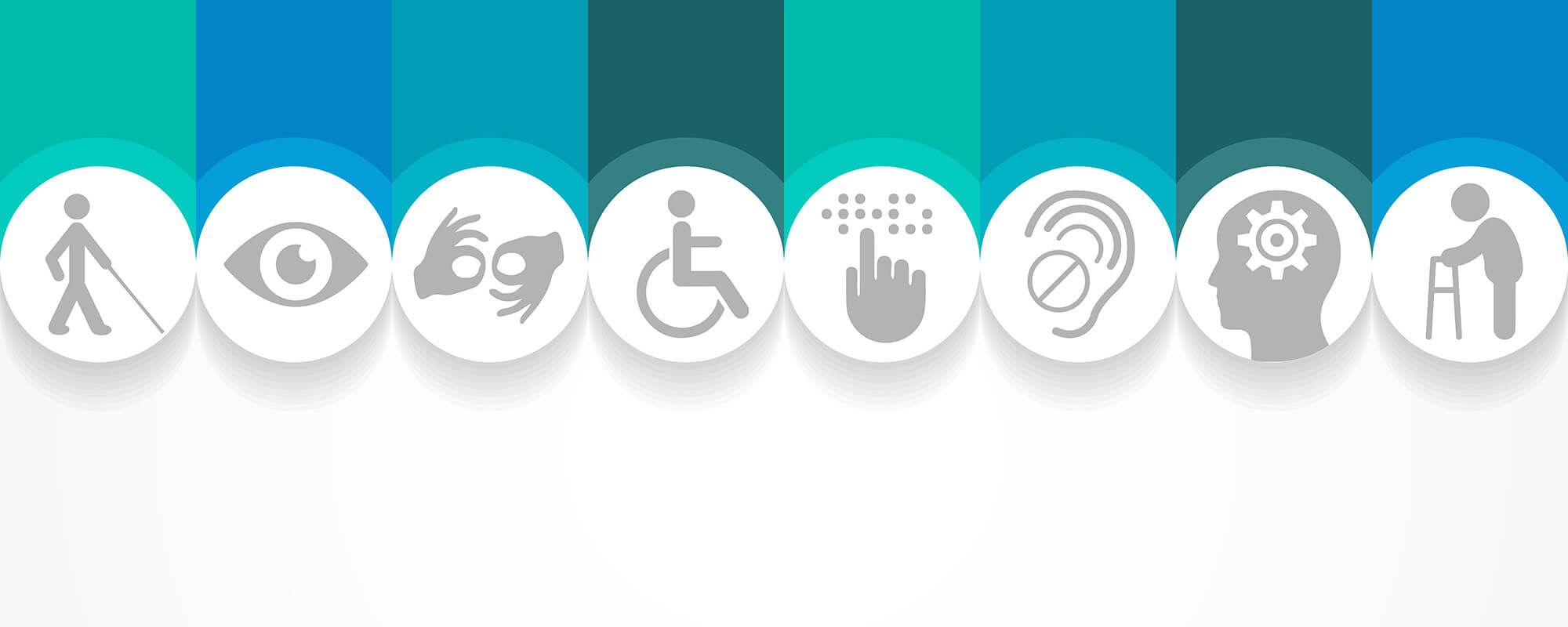 Im oberen Bereich der Grafik ragen senkrechte Balken in verschiedenen Blau- und Grüntönen ins Bild. Am Ende der Balken hängen weiße Kreise. Darauf sind Symbole für unterschiedliche Behinderungsarten zu sehen: Blindheit, Sehbehinderung, Hörbehinderung, Gehbehinderung sowie geistige Behinderungsarten.
