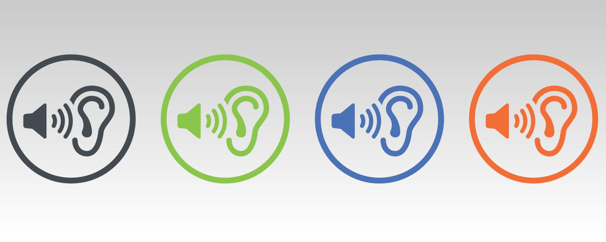 Die Grafik zeigt vier verschiedenen farbige Kreise. Darin sind Ohren mit Hörgeräten und Schallwellen zu sehen.