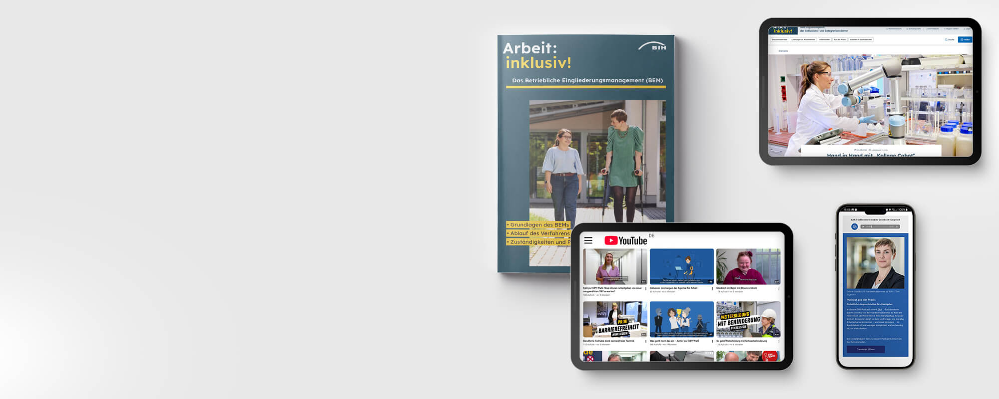 Die Fotomontage zeigt verschiedene Medien der BIH: Eine Broschüre, ein Tablett mit dem Digitalmagazin, den YouTubeKanal sowie ein Handy mit einem Podcast.