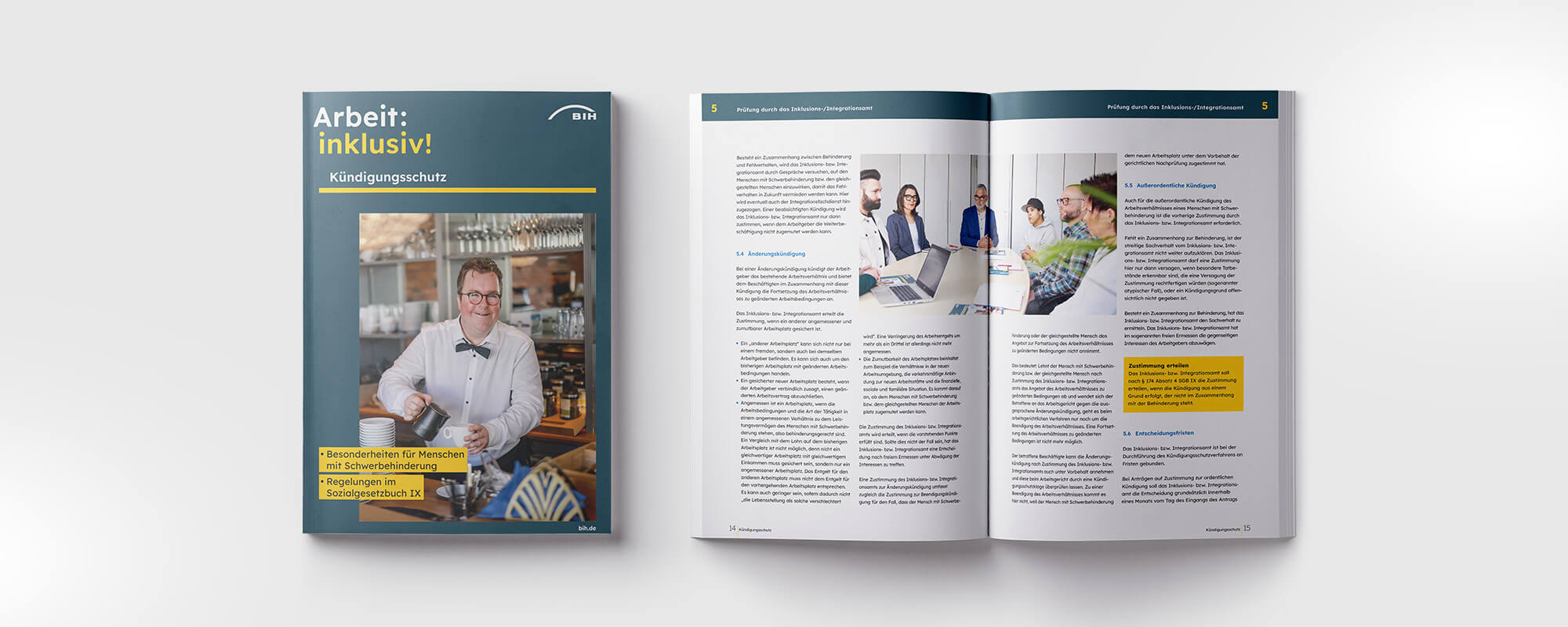 Neben dem Cover der Broschüre „Betriebliches Eingliederungsmanagement“ ist das aufgeschlagene Heft zu sehen.
