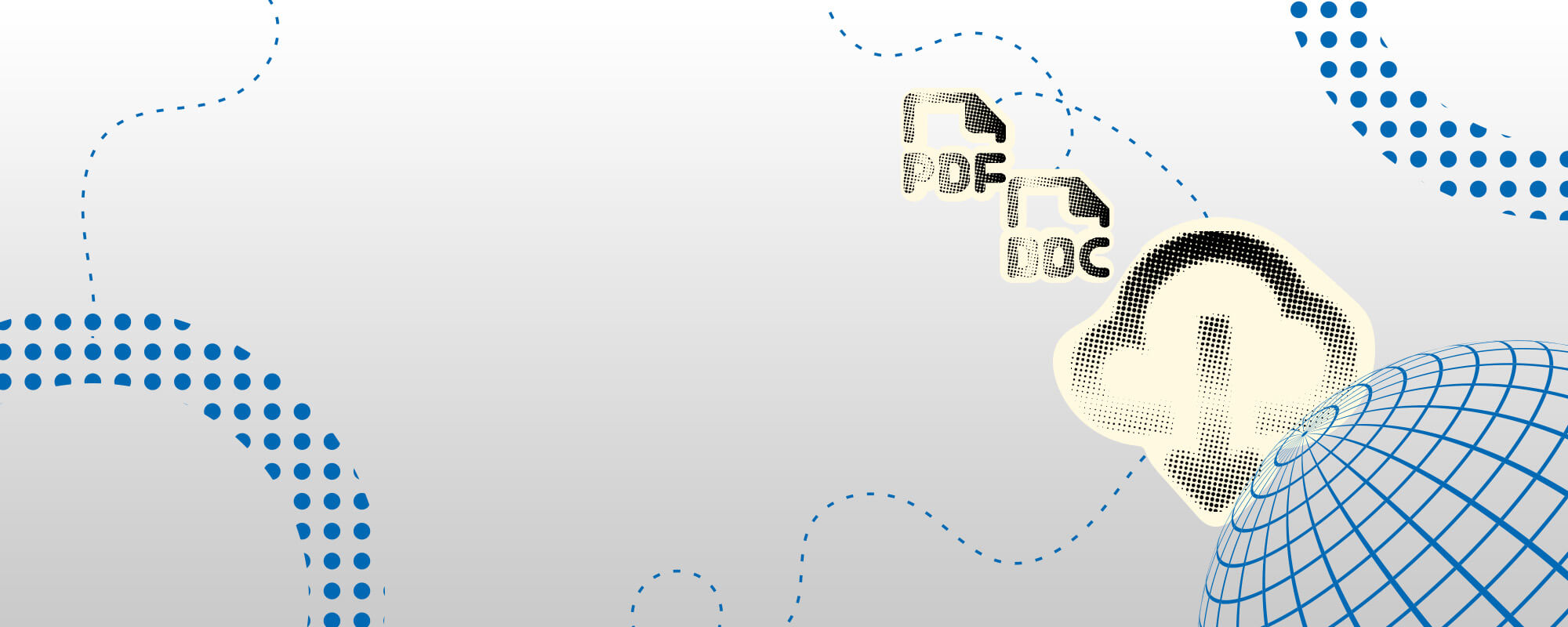 Die Grafik zeigt eine graue Fläche mit blau gepunkteten Kreiskonturen. Darauf sind schwarzbeige gerastert die Symbole für PDF- und DOC-Dateien sowie ein Download-Pfeil zu sehen.