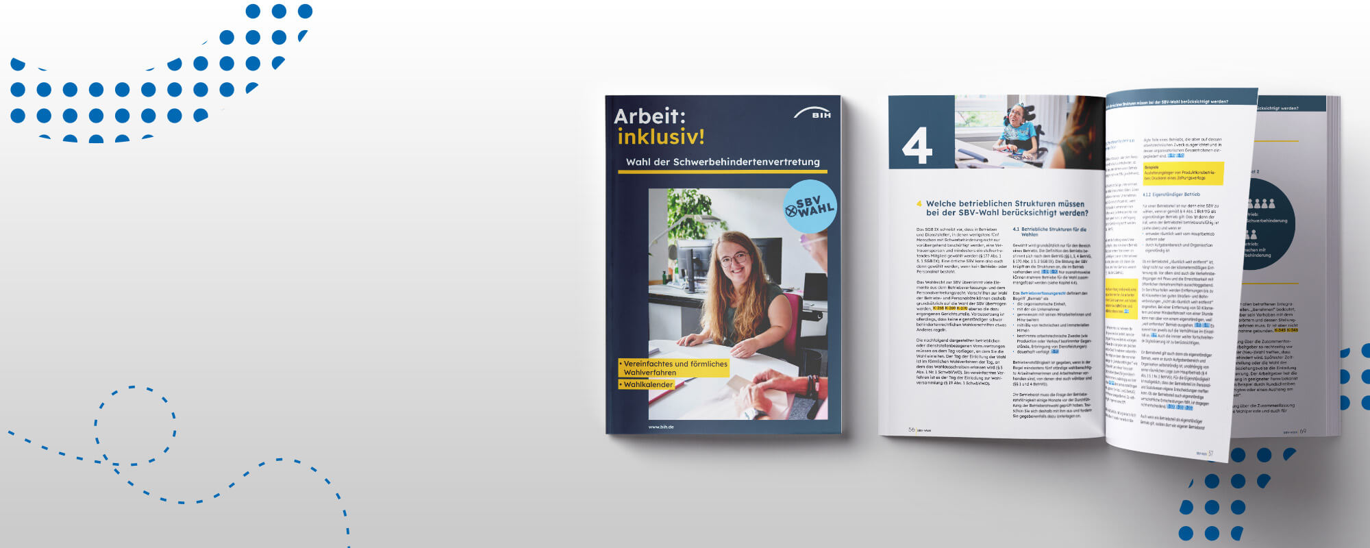 Die Fotomontage zeigt das Cover und daneben das aufgeschlagene Heft der neuen SBV-Wahlbroschüre vor einem hellgrauen Hintergrund mit blau gepunkteten Linien