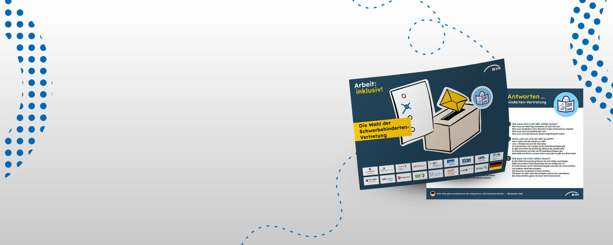 Vor einem grauen Hintergrund mit blauen Linien sind auf der rechten Seite die Vorder- und Rückseite eines Infoflyers zur SBV-Wahl zu sehen. Auf dem Cover ist ein Symbol für Leichte Sprache.