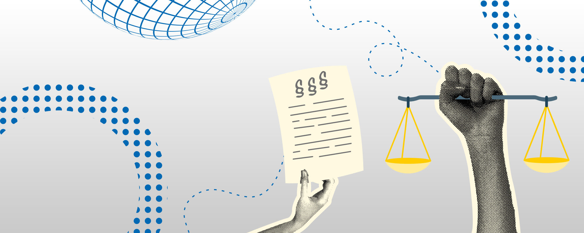Die Grafik zeigt eine graue Fläche mit blau gepunkteten Kreiskonturen. Darauf sind schwarzbeige gerastert ein Dokument mit Paragraphenzeichen sowie eine Hand, die eine Waage hält, zu sehen.
