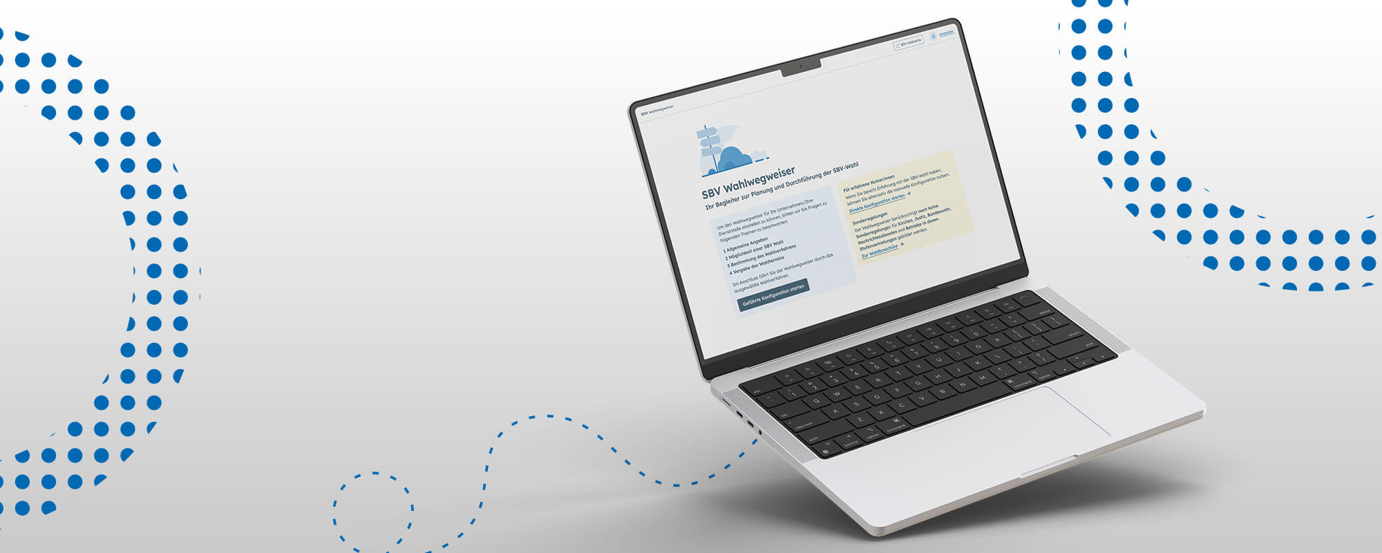 Die Fotomontage zeigt ein Notebook vor einem graublauen Hintergrund. Auf dem Monitor sind Hinweisschilder zu sehen. Darüber steht „Wahlwegweiser“