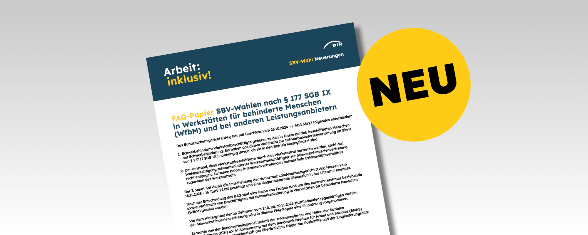 Die Fotomontage zeigt das Titelblatt des FAQ-Papiers zur SBV-Wahl in Werkstätten für behinderte Menschen vor einem grauen Hintergrund
