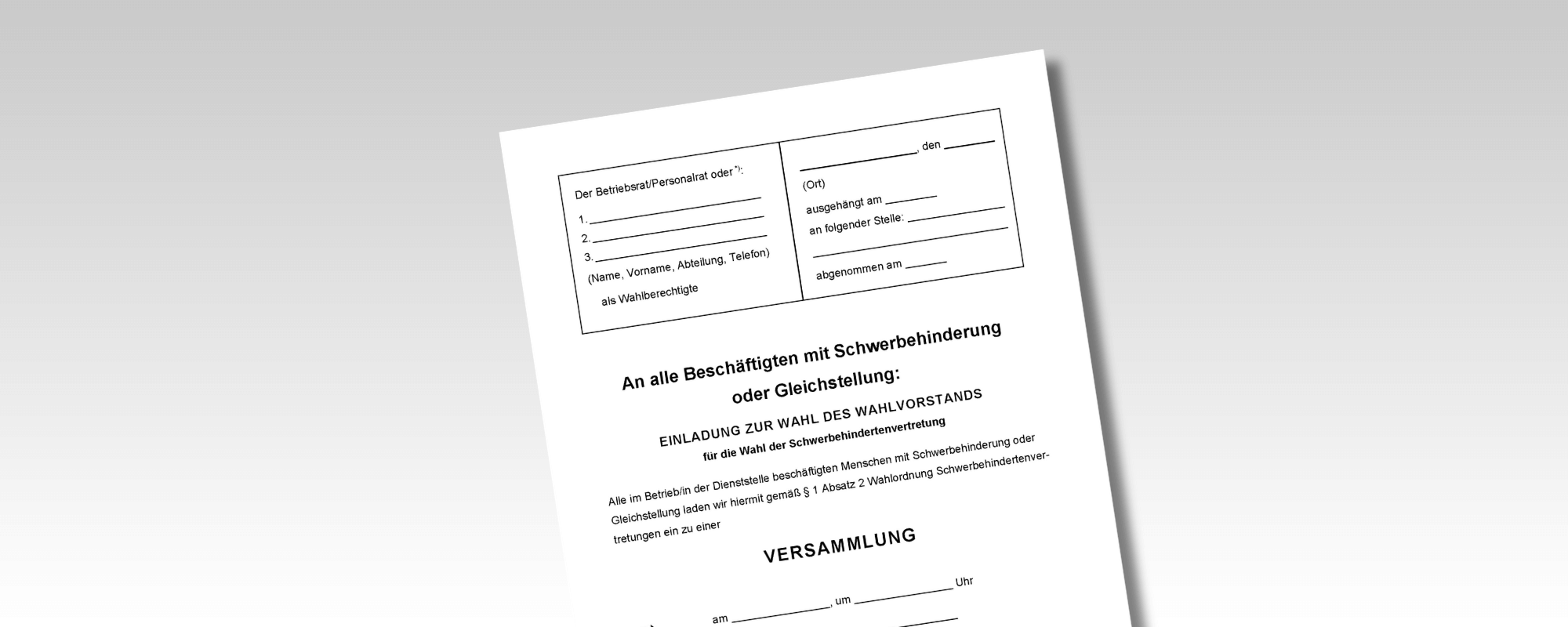 Die Grafik zeigt den Vordruck einer Einladung zur SBV-Wahl vor einem hellbrauen Hintergrund.