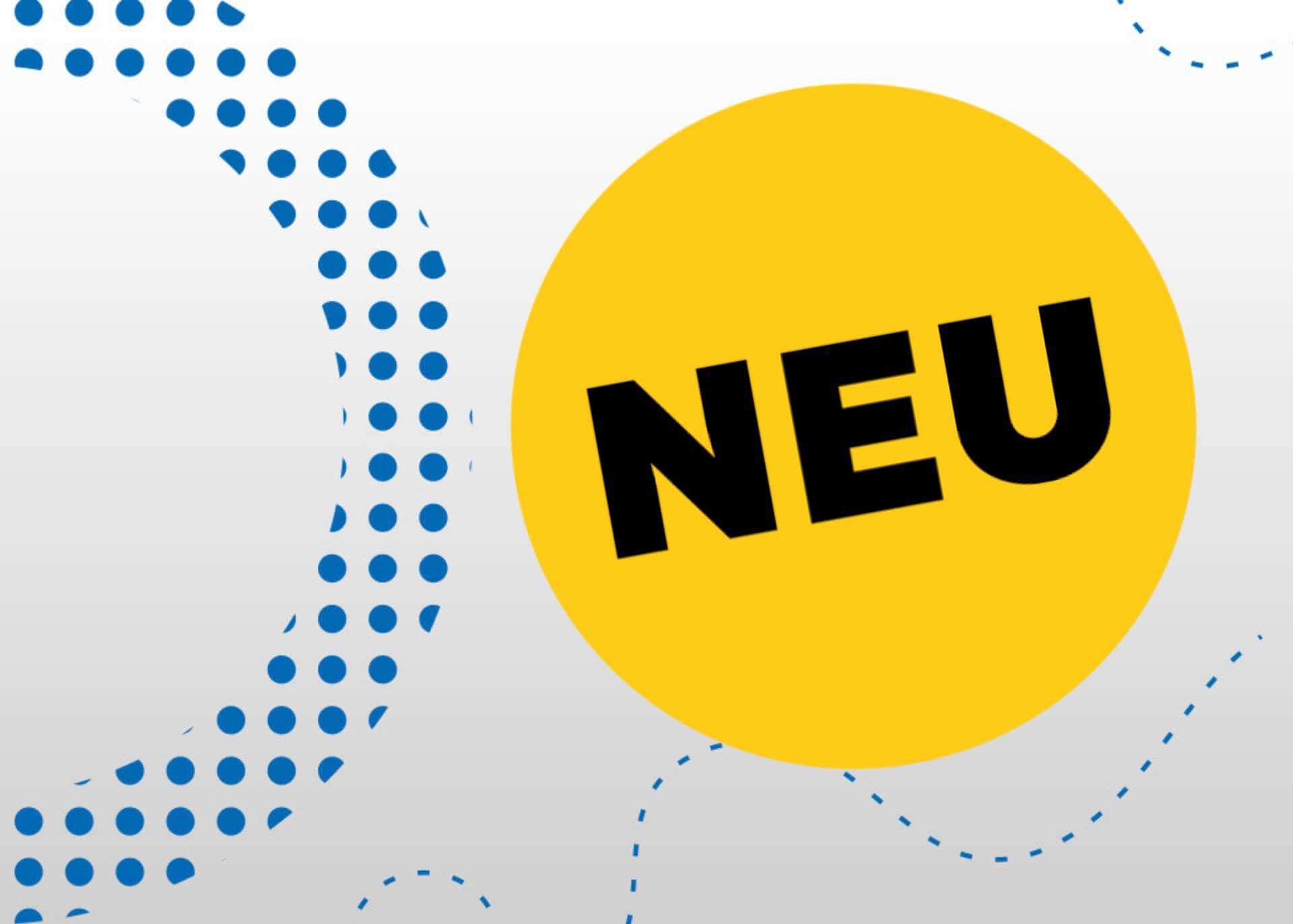 Auf einem grauen Hintergrund mit blauen Linien ist ein großer gelber Kreis zu sehen. Darin steht in Großbuchstaben „Neu“.
