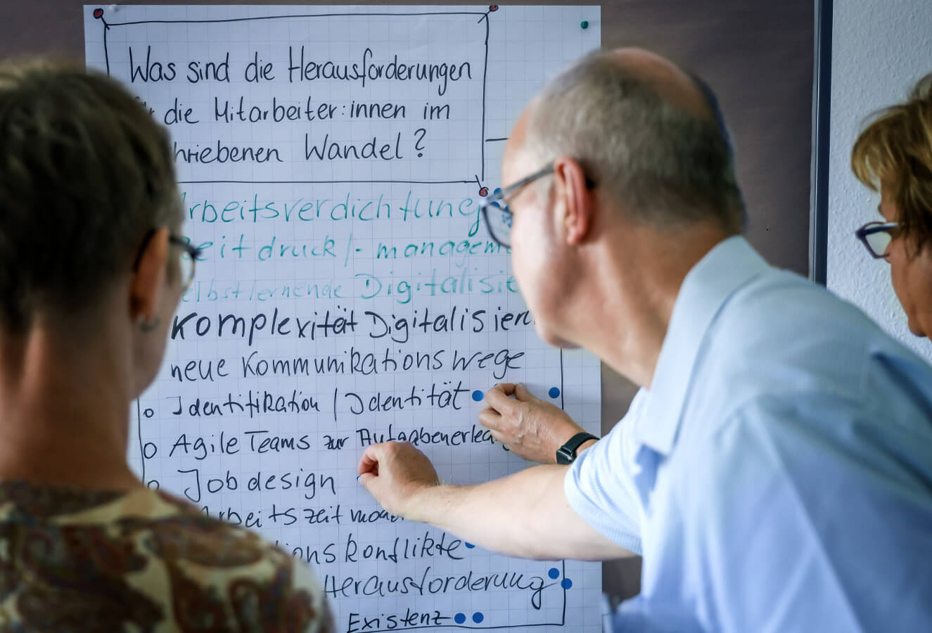 Mehrere Personen schreiben etwas auf ein Whiteboard.