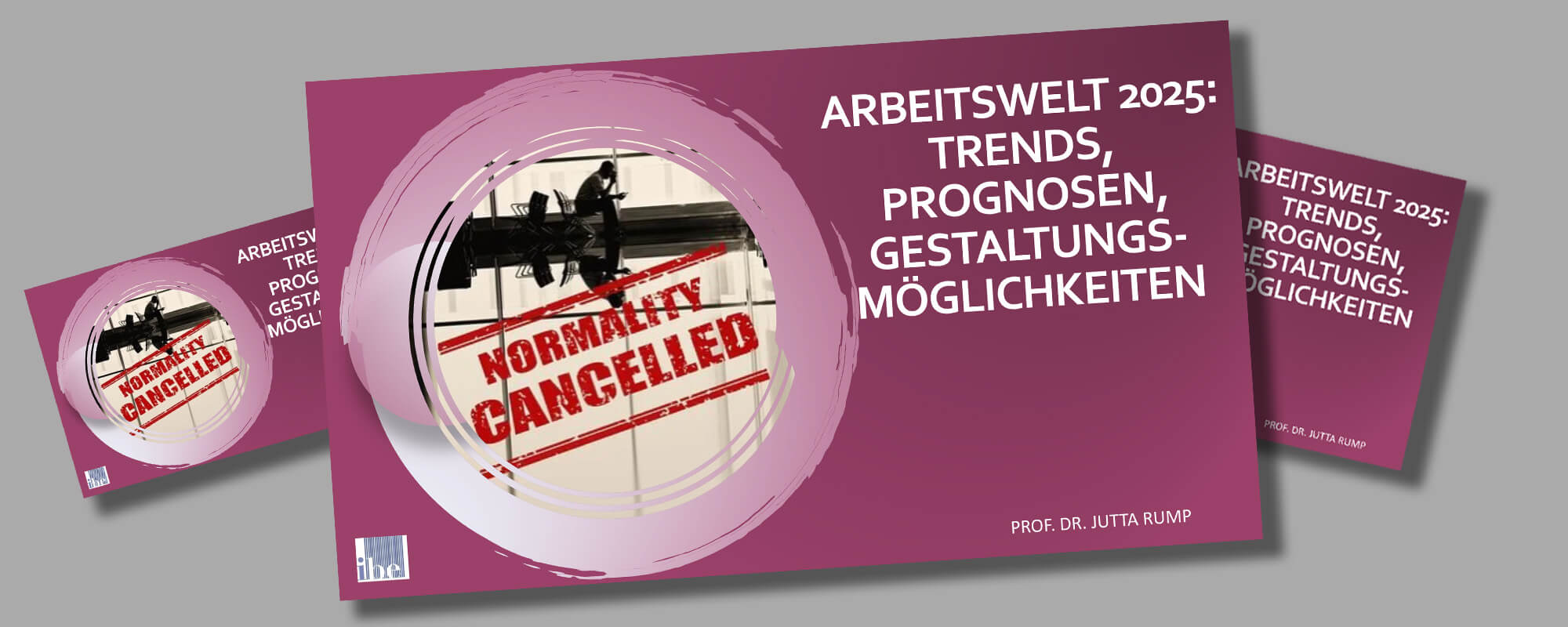 Die Fotomontage zeigt drei übereinandergelegte Cover des Fachvortrags von Professorin Dr. Jutta Rump.