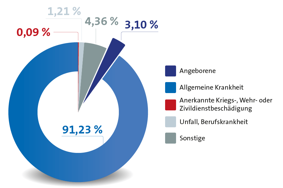 Diese Infografik zeigt ein Kreisdiagramm mit den Anteilen der Behinderungsursachen. 91,23 Prozent aller Ursachen sind später im Leben erworbene Krankheiten. Nur 3,1 Prozent der Behinderungen sind angeboren.