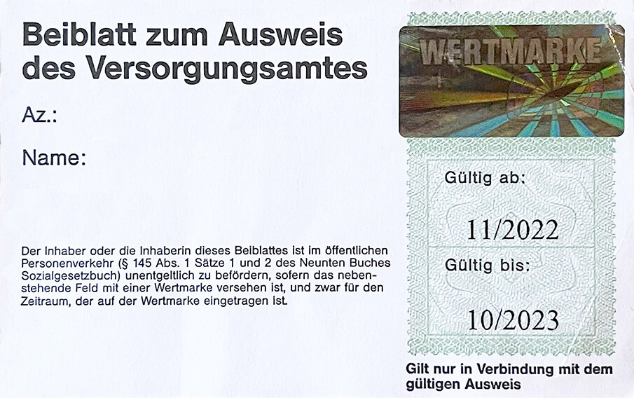 Beiblatt zum Schwerbehindertenausweis Beiblatt mit Wertmarke zum Schwerbehindertenausweis des Versorgungsamtes