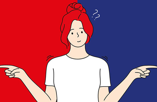 Die Illustration zeigt eine Frau vor farbig geteilten Hintergrund. Sie hebt fragend die Hände.