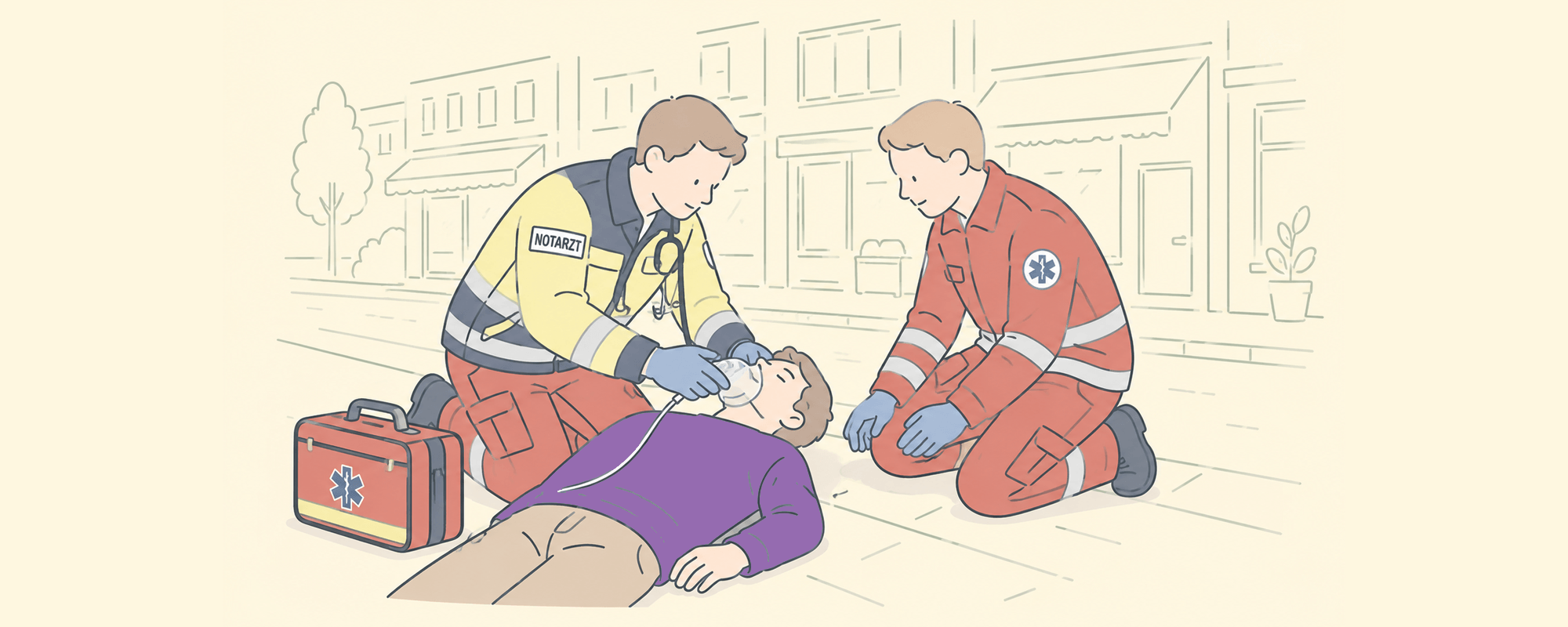 Die Illustration zeigt einen jungen Mann, der am Boden liegt. Ein Notarzt und ein Rettungssanitäter versorgen ihn mit einer Sauerstoffmaske.