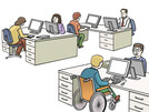 Illustration von mehreren Personen, die in einem Büro arbeiten, darunter auch ein Mitarbeiter im Rollstuhl