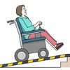 Illustration einer Frau im Rollstuhl, die eine Rampe hochfährt.