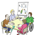 Illustration: Vier Personen befinden sich im Gespräch an einem Tisch, im Hintergrund ist ein Whiteboard abgebildet. Eine Person sitzt im Rollstuhl, eine andere hat eine Gehhilfe am Tisch abgestellt.