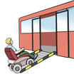 Illustration eines Rollstuhlfahrers, der eine Rampe zu einem Bus hochfährt.