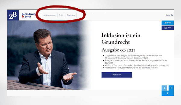 Position des Hauptmenüs auf den jeweiligen Digitalmagazin-Seiten. In diesem Bild wird mittels einer kreisförmigen Hervorhebung die Position des Hauptmenüs dargestellt. Das Menü befindet sich oben mittig auf der jeweiligen Seite.