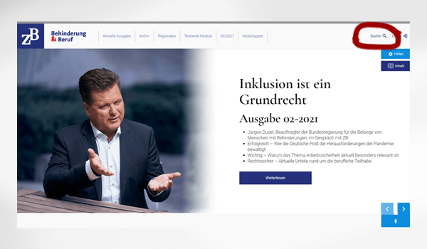 Position der Schaltflächen zur „Suche“ auf den jeweiligen Digitalmagazin-Seiten. In diesem Bild wird mittels einer kreisförmigen Hervorhebung die Position der Suchfunktionen dargestellt. Die Schaltflächen befinden sich oben halbrechts auf der jeweiligen Seite.