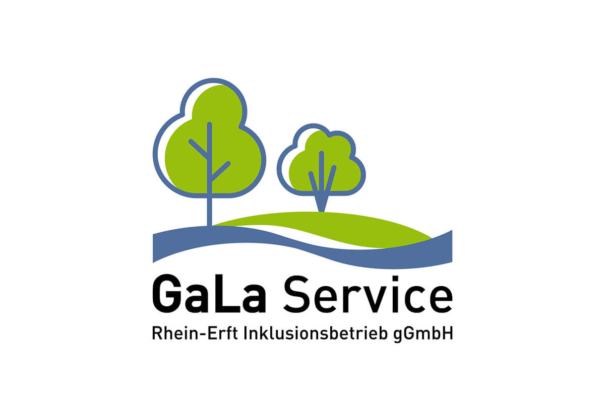 Logo des GaLa Service in grün und blau auf weißem Grund. Zwei Bäume auf einem geschwungenen Untergrund.