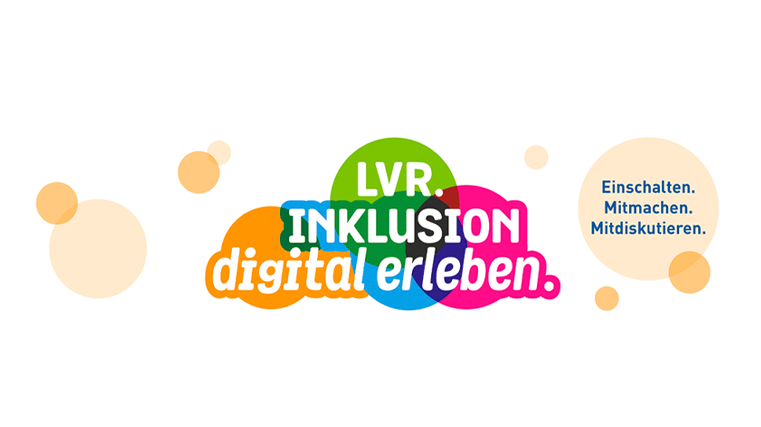 Ein Logo: Übereinanderliegende Kreise in orange, grün, blau und pink. Darauf steht in weiß der Text LVR. Inklusion digital erleben.