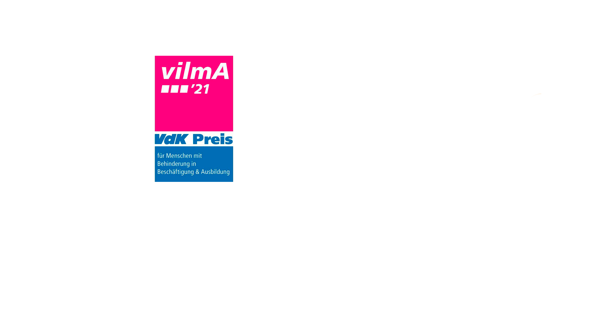 Logo des Vdk-Preises Vilma. Aufrechtstehendes Rechteck unterteilt in drei Flächen in pink, weiß und blau. Darauf steht ein Text.