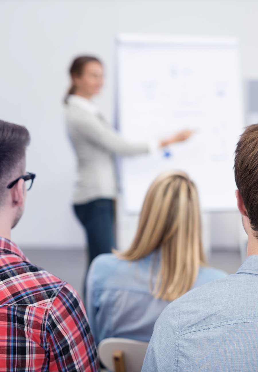 Ein Seminarraum. Sitzende Menschen von hinten. Im Hintergrund eine Frau am Flipchart.