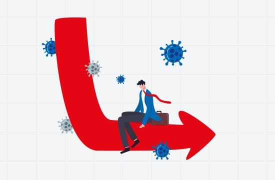 Illustration: Eine Person sich auf einem roten Pfeil nach rechts, umgeben von Viren.