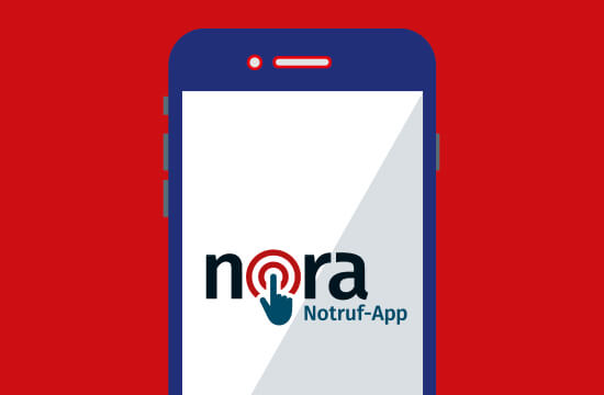 Illustration: Weißer Smartphone-Bildschirm mit Schriftzug Nora. Roter Hintergrund