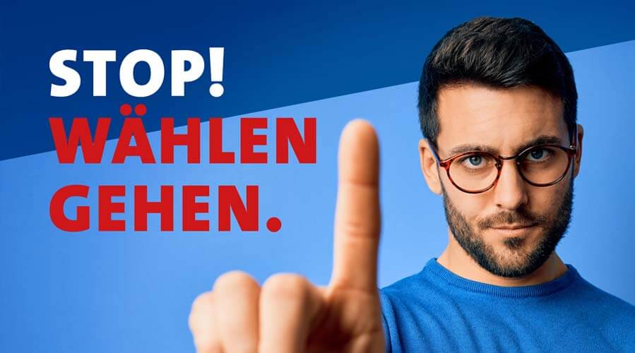 Wahlplakat zur SBV-Wahl, mit dem Text: Stop, wählen gehen!