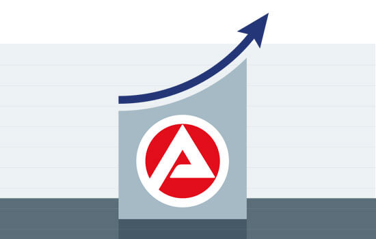 Grafik mit einer Box, in der sich das Logo der Bundesagentur für Arbeit befindet, und ein Pfeil nach oben 