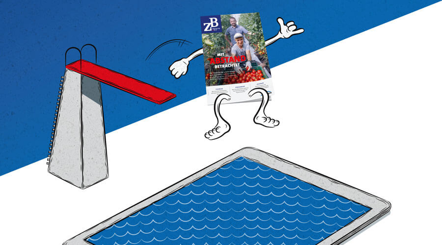 Ein Cartoon zeigt ein ZB-Titelbild, das von einem Sprungbrett in einen Swimmingpool springt. Der Pool hat die Form eines Tablets.