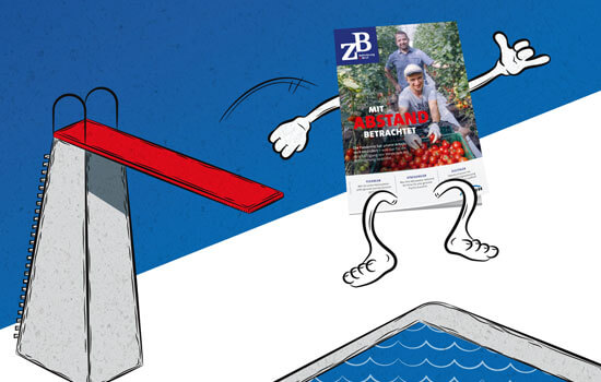 Ein Cartoon zeigt ein ZB-Titelbild, das von einem Sprungbrett in einen Swimmingpool springt. Der Pool hat die Form eines Tablets.