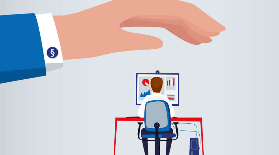 Eine schützende Hand wird über einen Schreibtisch mit Mitarbeitergehalten (Illustration)