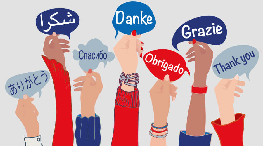 Vielen Dank zum Abschied aus dem SBV-Ehrenamt | © shutterstock/melitas Die Illustration zeigt erhobene Arme von Menschen unterschiedlicher ethnischer Herkunft. Auf den Schildern ist das Wort "Danke" in verschiedenen Sprachen zu lesen.