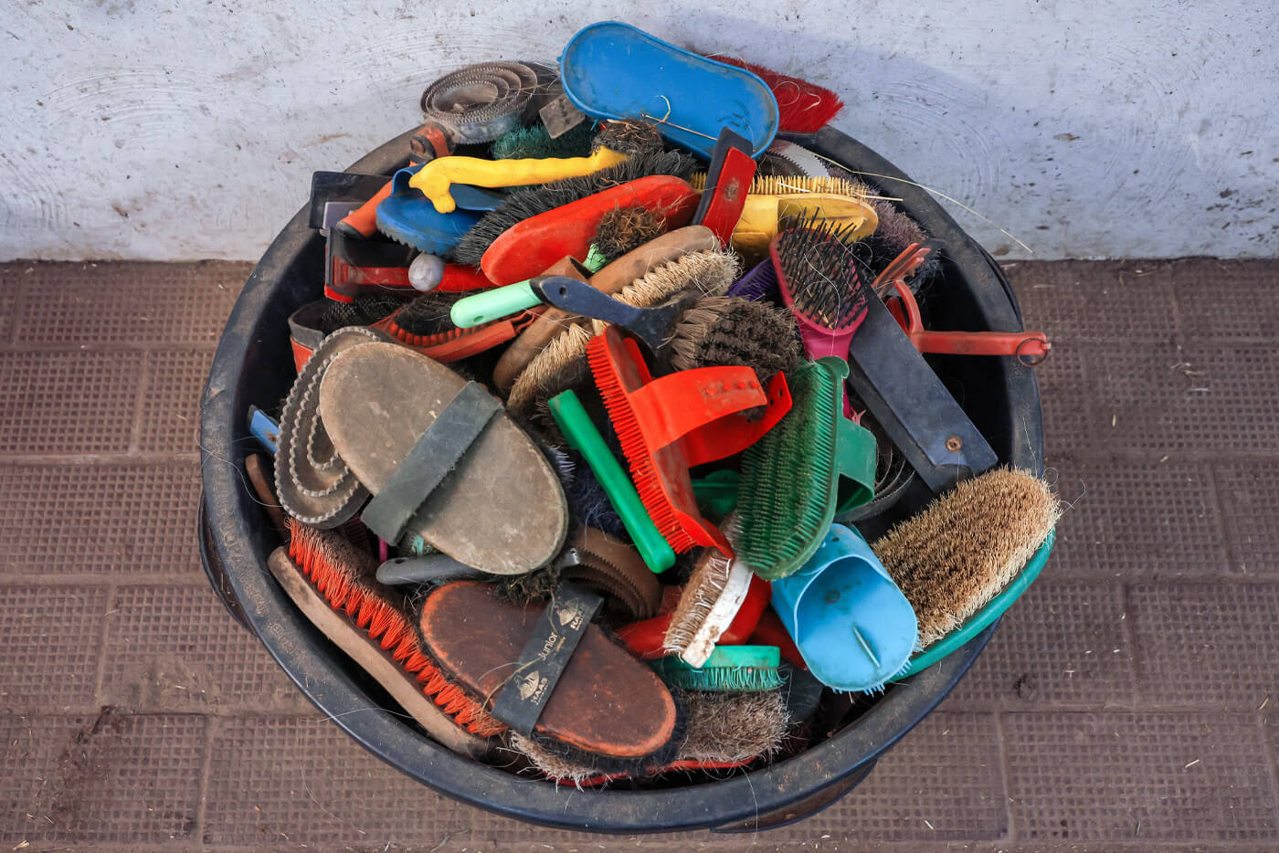 Großer Plastikkübel mit vielen bunten Striegelbürsten von oben fotografiert.