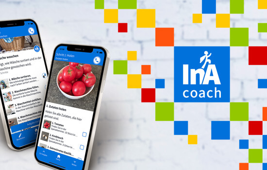 Digitale Jobassistenz per InA-Coach-App | © BOS Connect GmbH; © pexels / Colour Creation Die Fotomontage zeigt drei Smartphones mit verschiedenen Ausschnitte aus der digitalen Job-Assistenz sowie das Logo neuen InA.Coach-App.